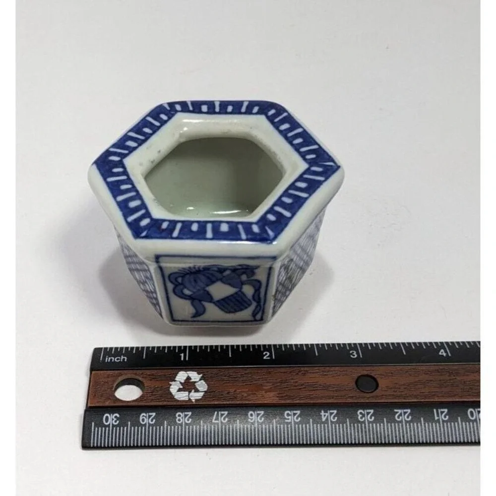 Vintage Japanese Porcelain Hexagon Pot Blue White Small Planter